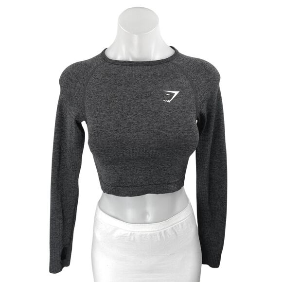 Gymshark Women's Black Gray Long Sleeve Logo Crew Cropped Sweatshirt Top Size XS - Picture 1 of 3